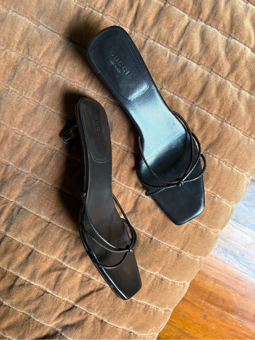 Vintage Gucci Tom Ford Era Brown Leather Strappy Square-Toe kitten-heel Sandals